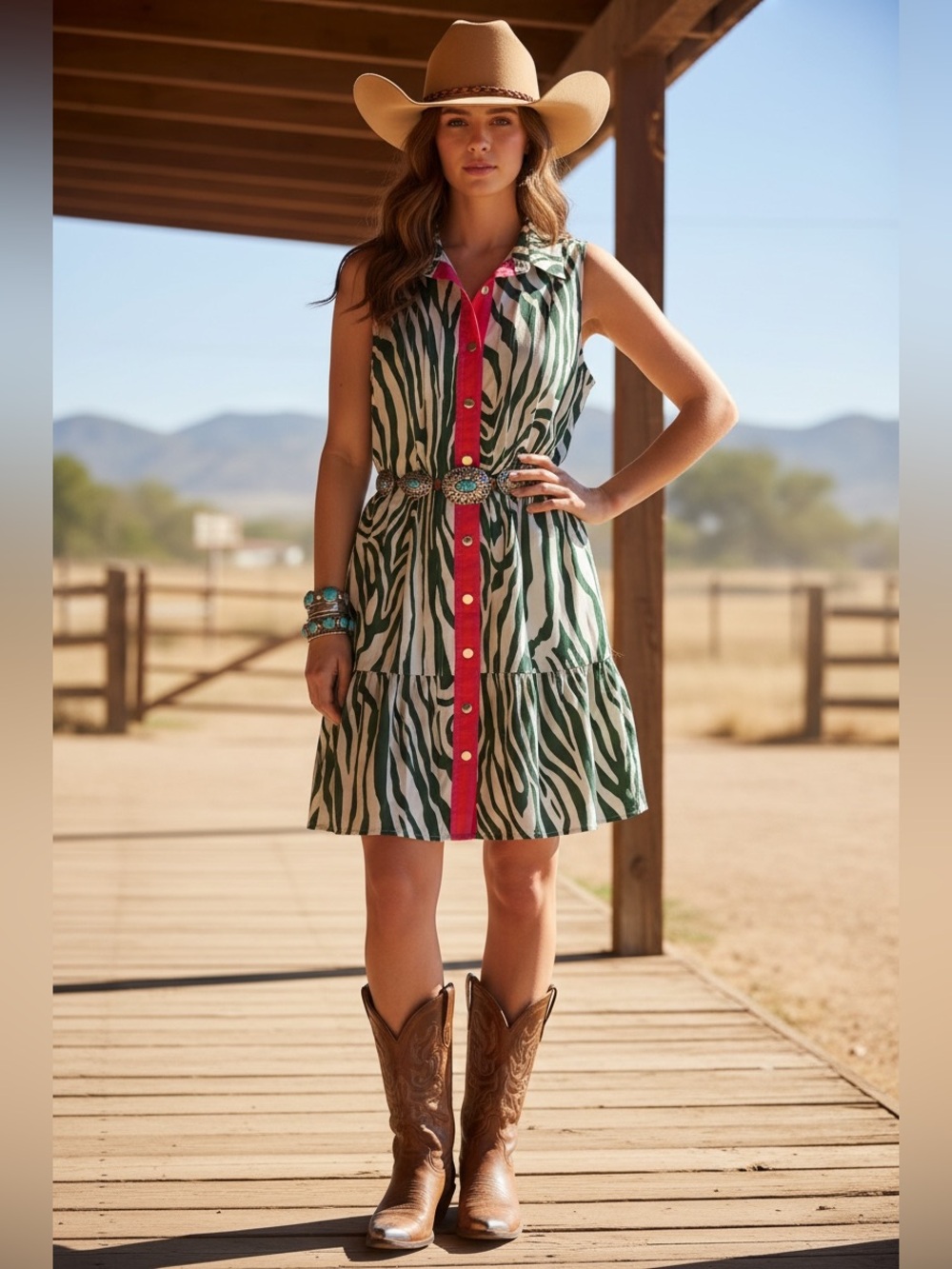 THML Green Zebra Print Sleeveless Dress with Pink Placket